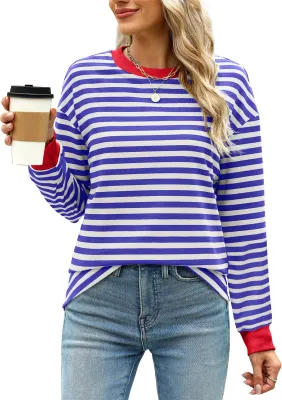 Produktbild von ASKSA Damen T-Shirt Rundhals Langarm Shirts Gestreift Basic Elegant Casual Lose Frauen Tunika Oberteile (Dunkelblau,2XL)