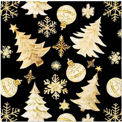 Produktbild von 20 Servietten Golden Christmas Trees black - Weihnachtsornamente gold auf schwarz 33x33cm