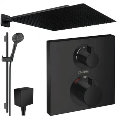 Produktbild von Hansgrohe und Jowi Unterputz Duschsystem Ecostat Square Thermostat, Schwarz, Duscharmatur mit 360mm Kopfbrause, 650mm Brausestange, OHNE iBox