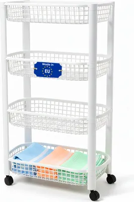 Image de Chariot de cuisine à roulettes avec 4 paniers de rangement 79 x 46 cm Fabriqué en UE - blanc - plastique Chariot à roulettes à 4 étages