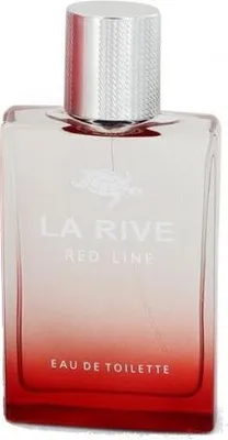 A clear studio shot of a bottle of La Rive Red Line Eau De Toilette.