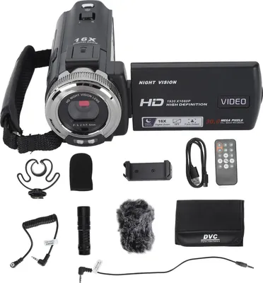 Image de Caméra vidéo caméscope, 30 MP, 1080P HD, écran LCD TFT 3 pouces, zoom 16x, vision nocturne, vlogging avec microphone, télécommande, support de téléphone