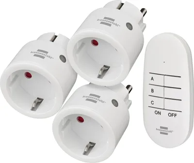 A set of three white remote-controlled power outlets and a remote control are displayed against a white background.