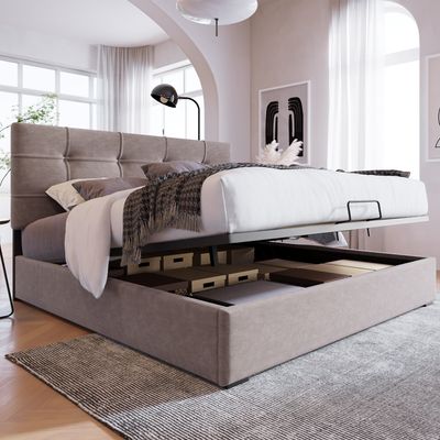 Flieks Polsterbett 140x200cm, Hydraulisches Boxspringbett mit Stauraum und Lattenrost, Doppelbett Stauraumbett Jugendbett Kiefernholzbett Funktionsbett Samt