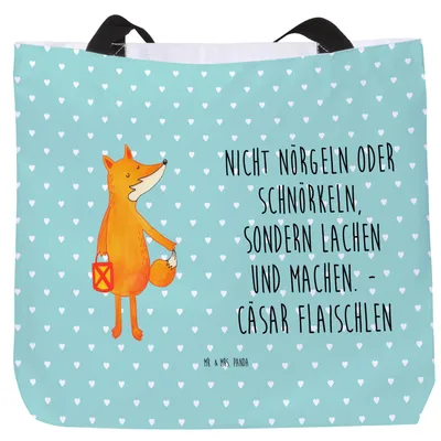 Produktbild von Mr. & Mrs. Panda Einkaufstasche Fuchs Laterne - Türkis Pastell - Geschenk, Strandtasche, Optimistisch, Laptoptasche, Laternenumzug, Sankt Martin, Positiv, Tote Bag