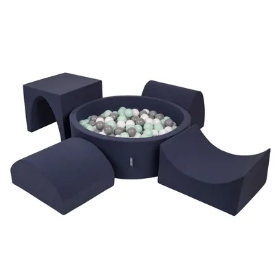 Obrázok produktu pre KiddyMoon Mäkké penové ihrisko pre deti s guľatým loptičkovým ihriskom (300 ∅ 7 cm) s mäkkými prekážkami a loptičkovým bazénom,  vyrobené v EÚ, Tmavomodrá:Biela/Grey/Mäta, Verzia 1