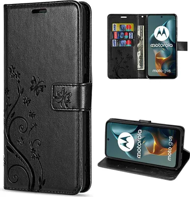 A collage of images showing a black flip phone case with floral and butterfly embossing, and a Motorola phone inside a similar case.