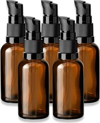 Produktbild von 5x Glasflasche braun 30 ml mit schwarzer Pumpe leere Kosmetikflasche