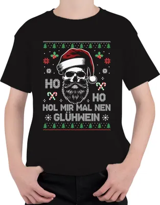 Produktbild von Ho Ho Hol mir mal nen Glühwein Totenkopf - Weihnachten Weihnachtsgeschenk Christmas Uni Kinder T-Shirt, Schwarz, 128