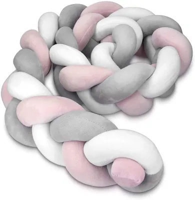 Produktbild von Bettschlange geflochten 200cm Nestchen Zopf - Babybett Stoßfänger Bettumrandung lang - Kopfschutz Zugluftstopper(Grau - Rosa)