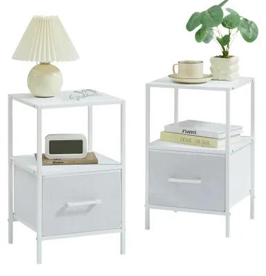 Image de CASABEL Lot de 2 tables de chevet blanches avec tiroir en tissu renforcé, métal et bois, 30×30×50cm, table d’appoint