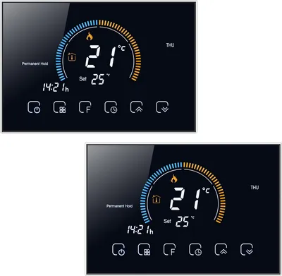 Two identical digital thermostats are displayed on a black background.