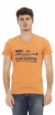Produktbild von Heren T-Shirt, Kurzarm, V-Ausschnitt, Safari-Stil, Abenteuer-Design, Baumwolle und Viskose, Farbe: Sand