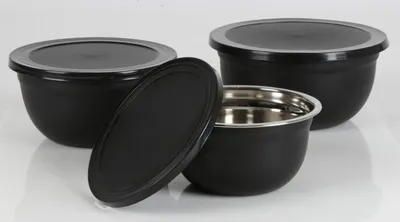 Image de Set de saladiers 3 pièces en acier inoxydable noir avec couvercle Set de saladiers de cuisine