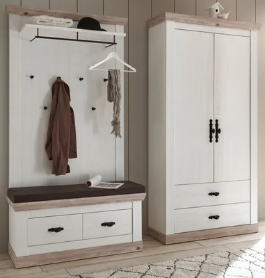 Produktbild von Garderobenkombination "Rovola" Pinie weiß / Oslo Pinie Landhaus Garderobe Set 3-tlg.