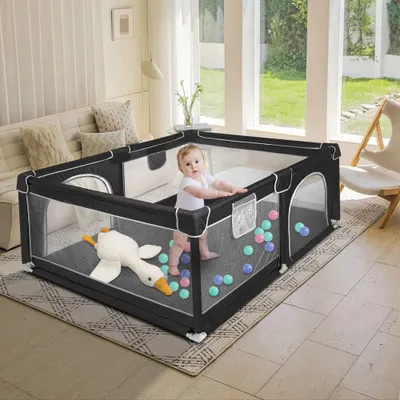 Image de Parc bébé Barrière de sécurité 160x120x66cm avec sac de rangement Filet respirant Base antidérapante Noir