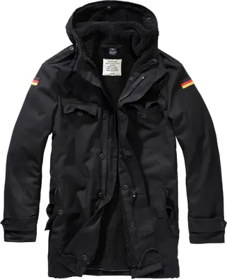 A black parka jacket with a hood, shown open to reveal its lining.