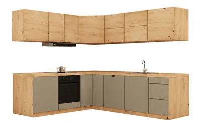 Produktbild von Winkelküche 240 x 200 cm Einbauküche Hochwertige Küchenzeile Ohne Arbeitsplatte L-Küche mit Herdumbauschrank, Langen KL25-M240,Beige/Artisan Eiche