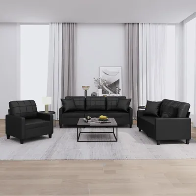 Produktbild von vidaXL 3-tlg. Sofagarnitur mit Kissen Schwarz Kunstleder