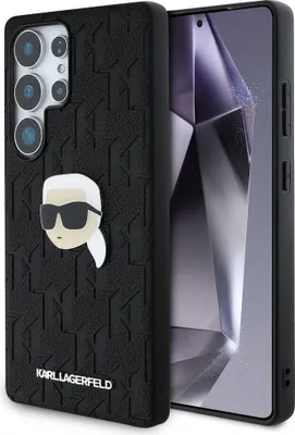 A black phone case with a Karl Lagerfeld monogram pattern and a Karl Head pin logo, shown next to a smartphone.