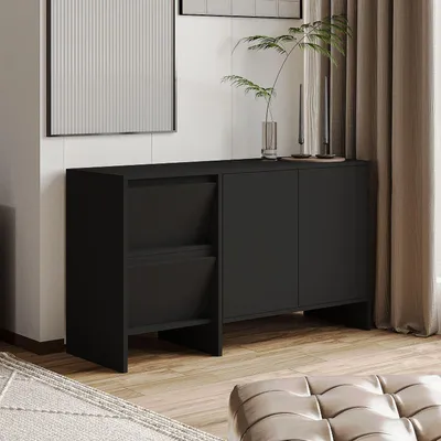 Produktbild von Skye Decor, Hochwertiger Konsolentisch, Schwarz, 130 x 81,8 x 44 cm | 100% melaminbeschichtete Spanplatte, 18 mm dick | Mit zahlreichen Regalen, wandmontierbar, ideal für moderne Wohnräume.