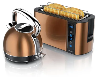 Produktbild von Arendo Frühstücks-Set Edelstahl, Wasserkocher mit Temperatureinstellung 1,7l, 4 Scheiben Langschlitztoaster, 4 Scheiben Toaster, Brötchenaufsatz, Touch, kupfer