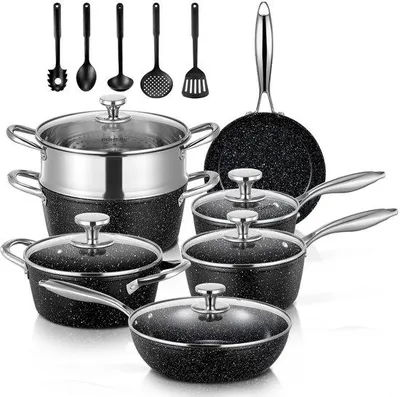 Productafbeelding van Anti-aanbakpannenset met deksels, 17-delig, aluminium, inductie- en keramische coating, keukengereiset met koekenpannen, steelpannen en soeppan, zwart