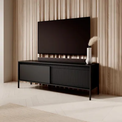 Productafbeelding van Lage TV-kast FERRATO, 153 cm, zwart, met ribbels, zonder handgrepen, 2 deuren