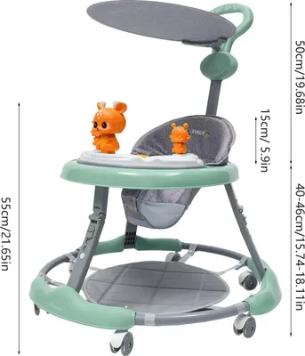 Immagine prodotto di Girello e macchinina per bambini - Regolabile in altezza - Musica - Ruote silenziose in PVC - Antiscivolo - Fino a 20 kg - 1–2 anni - Verde