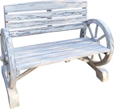 A garden bench with wagon wheels as armrests, shown against a white background.