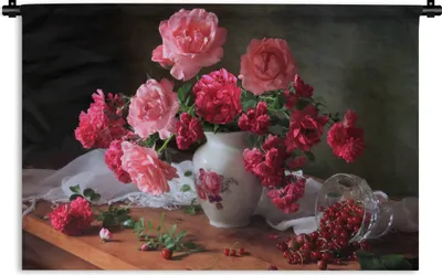 Produktbild von MuchoWow® Wandteppich Wandbehang Rosen - Stilleben - Rosa 90x60 cm Tapisserie Dekoration Wandtuch - Wandskulpturen - Bildteppich