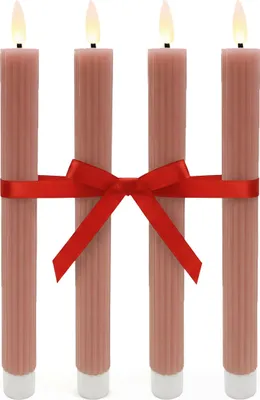 Produktbild von Relaxdays LED Stabkerzen, 4er Set, HxD: 25 x 2 cm, flackernde Flamme, Echtwachs, Rillen, flammenlose Kerzen, altrosa