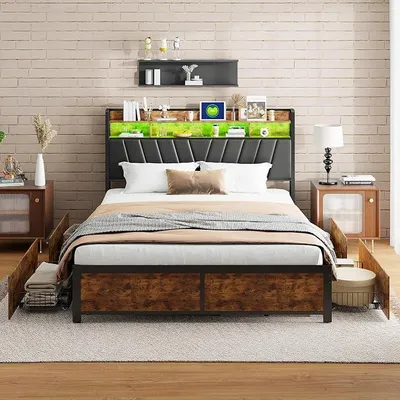 Image de Lit double en métal, 160 x 200 cm, avec éclairage LED et charge USB, 4 tiroirs. Lit rembourré avec sommier à lattes et structure en métal. Tête de lit avec espace de rangement (180 x 200 cm)