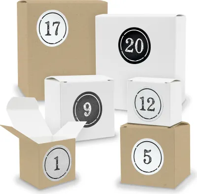 Produktbild von Adventskalender zum Füllen 24x Quader Würfel gemischt WEISS / BRAUN + Sticker (V03 Z04)