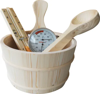 Produktbild von Sentiotec Saunazubehörbox BASIC 5-teilig Saunazubehörset Saunakübel Holzkelle Sanduhr Thermohygromet