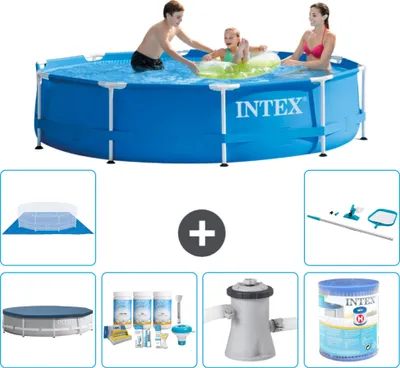 Produktbild von Intex-Schwimmbecken mit rundem Rahmen – 305 x 76 cm – Blau – im Lieferumfang enthalten Abdeckung - Wartungspaket - Filterpumpe für Schwimmbad - Filter - Bodenplane - Reinigungskit
