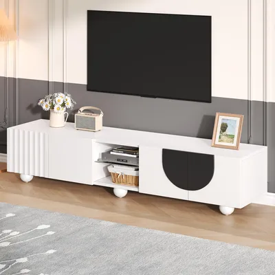 Image de OKWISH Meuble TV avec Rangements, Design Minimaliste et Lignes Modernes, en MDF et Panneaux de Particules - 180x40x41,5 cm Blanc