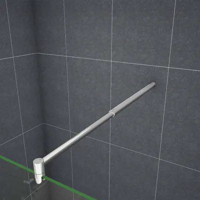 A close-up view of a shower screen stabilizer bar mounted on a tiled wall.