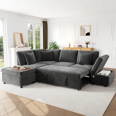 Zdjęcie produktu dla Sofa narożne Merax w kształcie litery L z funkcją spania, modułowe sofa 6-osobowa, rozkładana sofa z pufem, chaise longue, port USB typu C, materiał: welur, kolor: szary