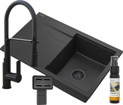 Obrázek produktu pro Granitan | Kuchyňský dřez TIMOR - černý - vestavný s velkým odkapávačem - moderní design