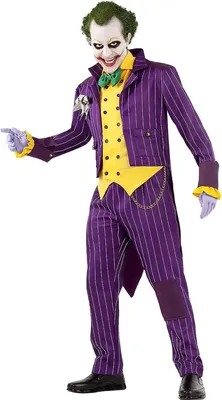 A person dressed as the Joker from Arkham City, posing against a white background.