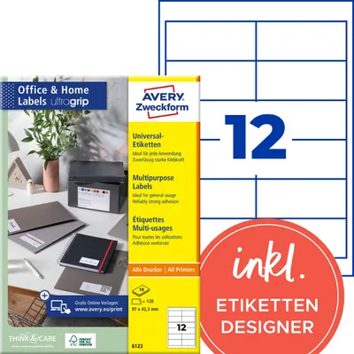 Produktbild von Avery Zweckform 6123 Universal-Etiketten, 97 x 42,3 mm, Geeignet für Deutsche Post INTERNETMARKE, 10 Blatt/120 Etiketten, weiß