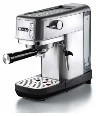 A silver and black espresso machine.