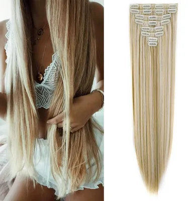 Immagine prodotto di Clip-in, extension per capelli in vera fibra, set da 8 pezzi, lisci, 60 cm, biondo scuro e biondo platino