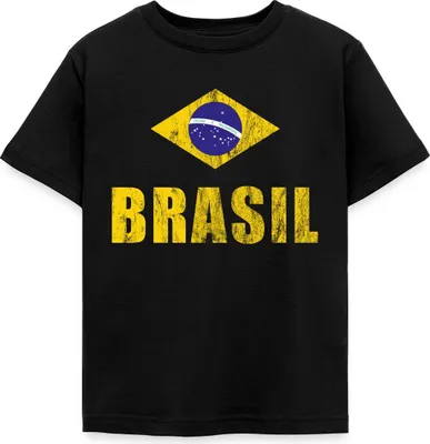 Produktbild von Spreadshirt Brasilien Fußball Retro Kinder T-Shirt, 122/128 (7-8 Jahre), Schwarz