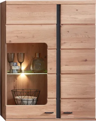 Produktbild von Hängevitrine mit Esche Massivholzfront und LED-Beleuchtung STAVEN-36 mit Absetzungen in schwarz matt, B/H/T ca. 90/120/38 cm