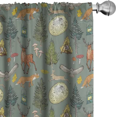 Image de ABAKUHAUS magic Moon Rideaux, voilages, imprimé Lune Lapin Champignons Nuit dans la forêt, 2 pièces 75 x 225 cm, vert réséda multicolore