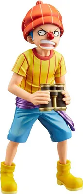 A full-body shot of a figurine of the character Buggy from One Piece, holding binoculars.