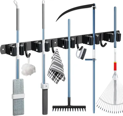 Produktbild von Besenhalterung Wand,5 Halter und 4 Haken Gerätehalter Edelstahl Besen Mop Halter, Besenstielhalter Gartengerätehalter Wand Selbstklebend für Schrank