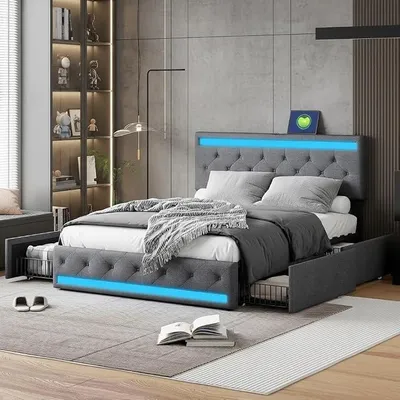 Productafbeelding van Tweepersoonsbed 180 x 200 cm, bekleed bed met 4 lades, lattenbodem en hoofdeinde, bed met opbergruimte, bedframe, geschikt voor volwassenen en tieners, linnen (donkergrijs, 180 x 200 cm)